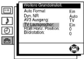 Weitere Grundoinstell. Auto Format Ein Dyn. NR Auto AV3 Ausgang: TV TV Laufsprecher: Ein RGB Horz. Position: 0 Bildrotation: 0