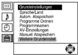 Grundeinstellungen Sprache/Land Autom. Abspeichern Programme Ordnen Programmnamen AV-Einstellungen Manuell Abspeichern Weitere Grundeinstell.