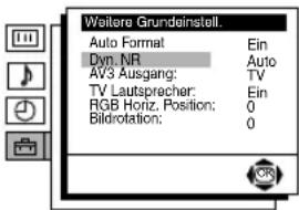 Weitere Grundainstell. Auto Format Ein Dyn. NR Auto AV3 Ausgang: TV TV Lautsprecher: Ein RGB Horiz. Position: 0 Bildrotation: 0