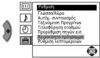 Рубmission Глώσσα/Χώρα Autóμ. συντονισμός Ταξινόμηση Προγρ/των Τιλοφέρηση σταθμού Προρύθμιση πηγών εια. Κειροκίντο πρόγρουμα Ρύδμιση λεπτομερείων