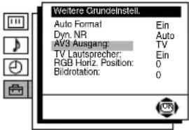 Weitere Grundieinstell. Auto Format Ein Dyn. NR Auto AV3 Ausgang: TV TV Lautsprecher: Ein RGB Horiz. Position: 0 Bildrotation: 0