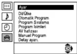 Ayar Dil/Ülke Otomatik Program Program Siralama Program Isimleri AV hafizası Manuel Program Delay ayarı.