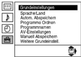 Grundeinstellungen Sprache/Land Autom. Abspeichern Programme Ordenen Programmnamen AV-Einstellungen Manuell Abspeichern Weitere Grundeinstell.