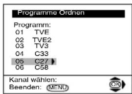 Programme Ordnen Programm: 01 TVE 02 TVE2 03 TV3 04 C33 05 C27 # 06 C58 Kanal wählen: Beenden: MENU