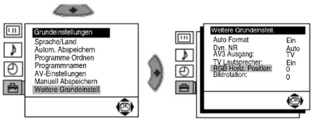 Grundeinstellungen Sprache/Land Autom. Abspeichem Programme Ordnen Programmnamen AV-Einstellungen Manuell Abspeichem Weitere Grundeinstell Weitere Grundeinstell. Auto Format Ein Dyn. NR Auto AV3 Ausgang: TV TV Laufsprecher: Ein RGB Horiz. Position: 0 Bildrotation: 0