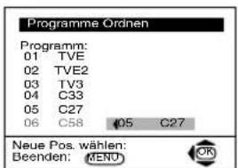 Programme Ordnen Programm: 01 TVE 02 TVE2 03 TV3 04 C33 05 C27 06 C58 05 C27 Neue Pos. wählen: Beenden: MENU OK