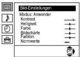 Bild-Einstellungen Modus: Anwender Kontrast Helligkeit Farbe Bildschärfe Farbton Normwerte