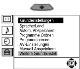 Grundeinstellungen Sprache/Land Autom. Abspeichern Programme Ordnen Programmnamen AV-Einstellungen Manuell Abspeichern Weitere Grundeinstell.