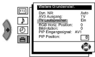 Weitere Grundeinstell. Dyn. NR: Auto AV3 Ausgang: TV TV Lautsprecher: Ein RGB Horiz. Position: 0 Bildrotation: 0 PIP Eingangssignal: AV1 PIP Position: 0