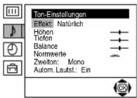 Ton-Einstellungen Effekt: Natürlich Höhen Tiefen Balance Normwerte Zweiton: Mono Autom. Lautst.: Ein