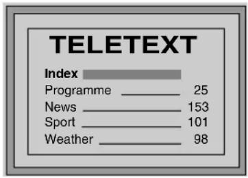 TELETEXT Index Programme 25 News 153 Sport 101 Weather 98