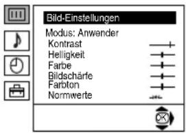 Bild-Einstellungen Modus: Anwender Kontrast Helligkeit Farbe Bidschärfe Farlton Normwerte