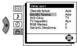 Delay ayarı Otematk format: Açık GÖRÜĞÜ Tarama: Auto AV3 Çılcı: TV TV hoparlörü: Açık RGB Merkez: 0 Görüntü Döndürme: 0