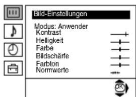 Bild-Einstellungen Modus: Anwender Kontrast Helligkeit Farbe Bildschärfe Farblon Nomwerte