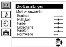 Bild-Einstellungen Modus: Anwender Kontrast Helligkeit Farbe Bildschärfe Fariton Normwerte