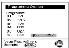Programme Ordnen Programm: 01 TVE 02 TVE2 03 TV3 04 C33 05 C27 06 C58 05 C27 Neue Pos. wählen: Beenden: MENU OK