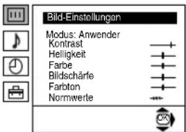 Bild-Einstellungen Modus: Anwender Kontrast Helligkeit Farbe Bildschärle Farbton Normwerte