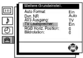 Weitere Grundeinstell. Auto Format Ein Dyn. NR Auto AV3 Ausgang: TV TV Lautsprecher: Ein RGB Horiz. Position: 0 Bildrotation: 0