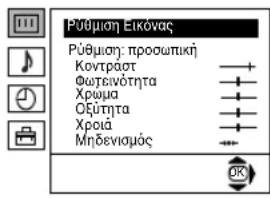 Púθμιση Εικόνας Púθμιση: προσωπική Κοντραστ Φωτεινότητα Χρωμα Οξύτητα Χροιά Μηδενισμός