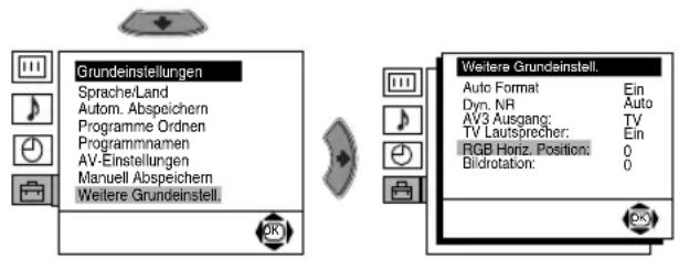 Grundeinstellungen Sprache/Land Autom. Abspeichern Programme Ordnen Programmnamen AV-Einstellungen Manuell Abspeichern Weitere Grundeinstell. Weitere Grundeinstell. Auto Format: Ein Dyn. NR Auto AV3 Ausgang: TV TV Lautsprecher: Ein RGB Horiz. Position: 0 Bidrotation: 0
