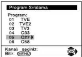Program Stralama Program: 01 TVE 02 TVE2 03 TV3 04 C33 05 C27 06 C58 Kanalı seciniz: Bitir: MENU