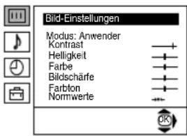 Bild-Einstellungen Modus: Anwender Kontrast Helligkeit Farbe Bildschärfe Farbton Normwerte
