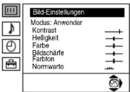 Bild-Einstellungen Modus: Anwender Kontrast Helligkeit Farbe Bildschäfe Farbton Nomwarte