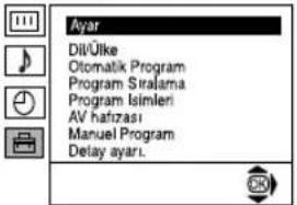 Ayar Dil'Ülke Otomatik Program Program Siralama Program Isimleri AV hafızası Manuel Program Delay ayari.