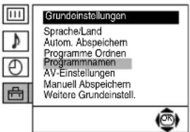 Grundeinstellungen Sprache/Land Autom. Abspeichem Programme Ordenen Programmnamen AV-Einstellungen Manuell Abspeichem Weitere Grundeinstell.