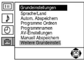 Grundeinstellungen Sprache/Land Autom. Abspeichern Programme Ordnen Programmnamen AV-Einstellungen Manuell Abspeichern Weitere Grundeinstell.