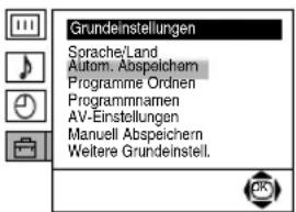 Grundeinstellungen Sprache/Land Autom. Abspeichern Programme Ordnen Programmnamen AV-Einstellungen Manuell Abspeichern Weitere Grundeinstell.