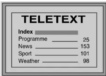 TELETEXT Index Programme 25 News 153 Sport 101 Weather 98