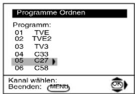 Programme Ordnen Programm: 01 TVE 02 TVE2 03 TV3 04 C33 05 C27 06 C58 Kanal wählen: Beenden: MENTB OK