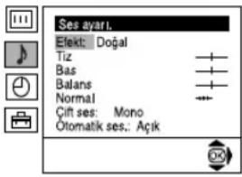 Ses ayari. Elekt: Doğal Tiz Bas Balans Normal Çift ses: Mono Otomatik ses.: Açık