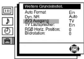 Weitere Grundelnstell. Auto Format Ein Dyn. NR Auto AV3 Ausgang: TV TV Lautsprecher: Ein RGB Horiz. Position: 0 Bildrotation: 0