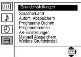 Grundeinstellungen Sprache/Land Autom. Abspeichern Programme Ordnen Programmnamen AV-Einstellungen Manuell Abspeichern Weitere Grundeinstell.