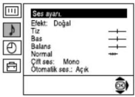 Ses ayari. Efekt: Doğal Tiz Bas Balans Normal Çift ses: Mono Otomatik ses.: Açık