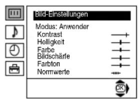 Bild-Einstellungen Modus: Anwender Kontrast Helligkeit Farbe Bildschärfe Farbton Normwerte