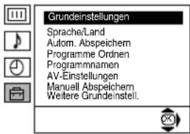 Grundeinstellungen Sprache/Land Autom. Abspeichem Programme Ordnen Programmnamen AV-Einstellungen Manuell Abspeichem Weitere Grundeinstell.