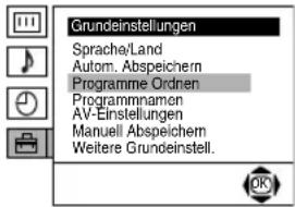 Grundeinstellungen Sprache/Land Autom. Abspeichern Programme Ordnen Programmnamen AV-Einstellungen Manuell Abspeichern Weitere Grundeinstell.
