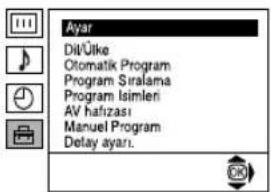 Ayar Dil/Ulke Otomatik Program Program Siralama Program Isimleri AV hafizasi Manuel Program Delay ayari.
