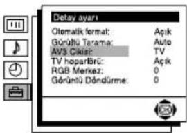 Delay ayarı Otomatik format: Açık Görütlu Tarama: Auto AV3 Çıklar: TV TV hoparlıbrü: Açık RGB Merkiz: 0 Görüntü Döndürme: 0