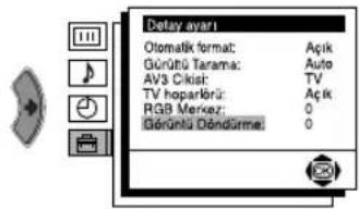 Delay ayari Otomatk format: Açık Gürçütü Tarama: Auto AV3 Cikisi: TV TV hoparlır: Açık RGB Merkez: 0 Gürçütü Döndürme: 0