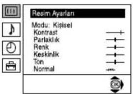 Resim Ayarları Modu: Kisisel Kontrast Parlaklık Renk Keskinlik Ton Normal