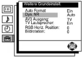 Weitere Grundinstell. Auto Format Ein Dyn. NR Auto AV3 Ausgang: TV TV Lautsprecher: Ein RGB Horiz. Position: 0 Bildrotation: 0