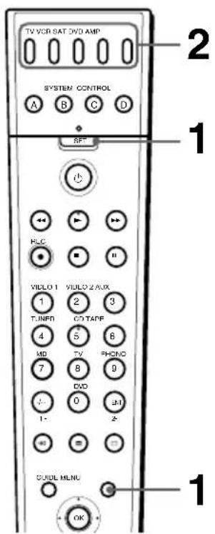 TV VCR SAT DVD AMP SYSTEM CONTROL A B C D 2 1 RFT FLC VICO 1 VICO 2 AUX 1 2 3 TJNFR CD TAPE 4 5 6 MD TV PHCNO 7 8 9 DVD 0 1- 2- GUIDE MLNU OK 1
