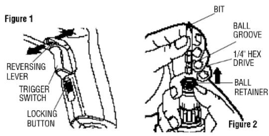 Figure 1 REVERSING LEVER TRIGGER SWITCH LOCKING BUTTON BIT BALL GROOVE 1/4" HEX DRIVE BALL RETAINER Figure 2