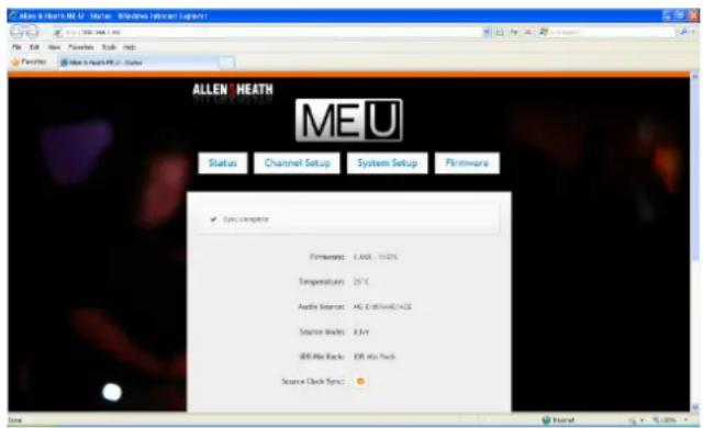 Allen MeU - Store - Windows Internet Explorer File Edit View Favorites Tools Help Favorites: Open a Health Plus - Status ALLEN MEU MEU Status Channel Setup System Setup Firmware ✓ SystemControl Firmware: 3.600, 10.000 Temperatures: 20°C Audio Event: AC E-Edit/AC+ACE Source Mode: 8.4x4 DIF-Play Bands: DIF into Pack Source a Clock Type: ● Store