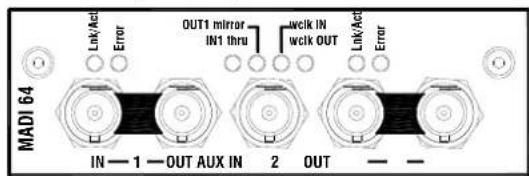 MADI 64 IN — 1 — OUT AUX IN 2 OUT OUT1 mirror IN1 thru wclk IN wclk OUT LinkAct Error LinkAct Error