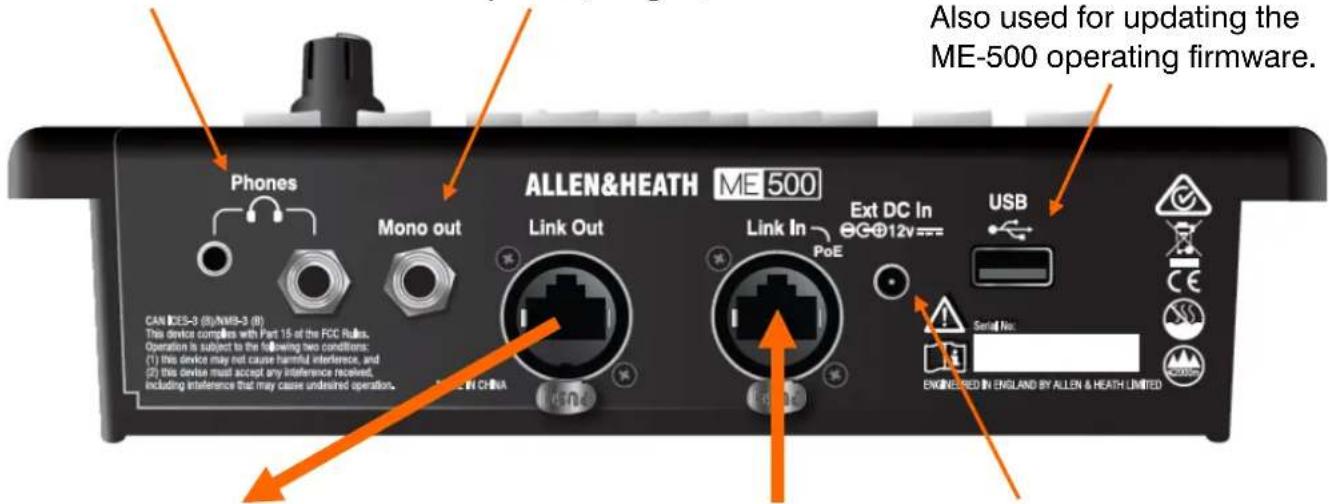 AlLEN&HEATH ME 500 Phones Mono out Link Out Link In PoE External DC In ΘG@12v== USB CAN ICS-3 (8)/NMS-3 (8) The device complies with Part 15 at the FCC Rules. Operation is subject to the following two conditions: (1) this device may not cause harmful interference, and (2) this device must accept any interference received, including interference that may cause undesired operation. Engineered in ENGLAND BY ALLEN & HEATH LIMITED Also used for updating the ME-500 operating firmware.